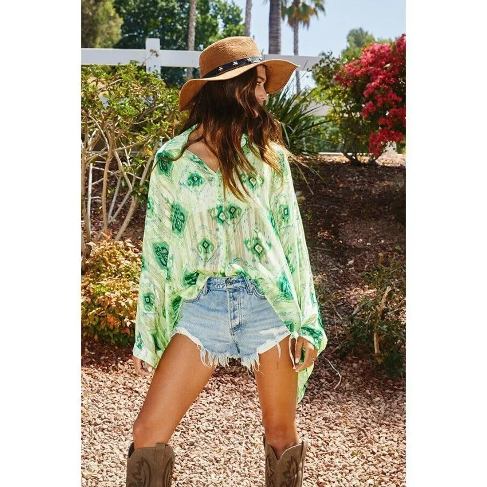 SALE! Bucketlist LUREX CHIFFON PRINTED BUTTON UP Green Sparkly Drape T1068C